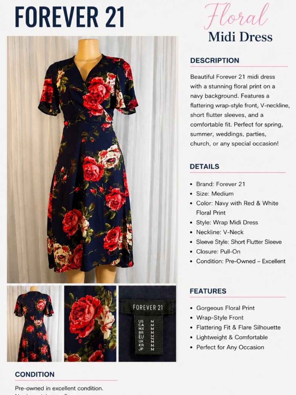 🌸Forever 21 🌸Women's Medium Floral Wrap Dress Navy Pink Short Sleeve Tie Waist